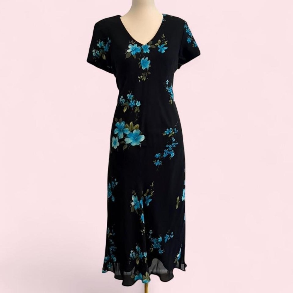 Evan Picone Black Floral Midi Dress Size XL